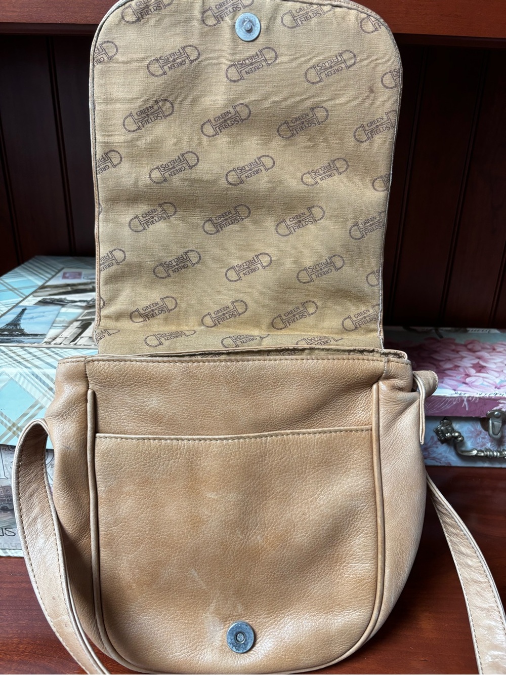 vintage camel/tan leather crossbody flap bag from the Green Fields line